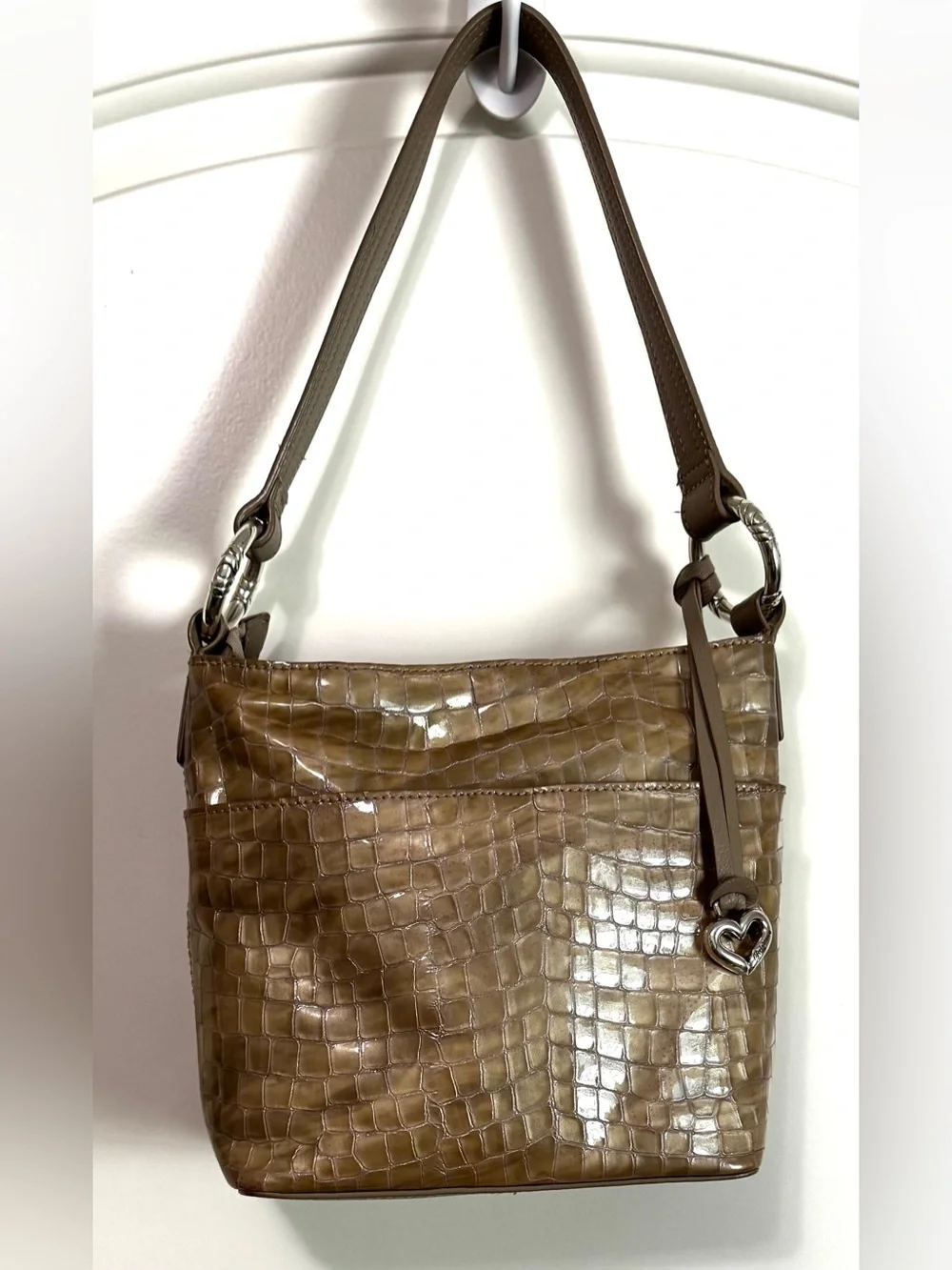 Brighton Cherie Croc Embossed Patent Leather Shoulder Bag Taupe